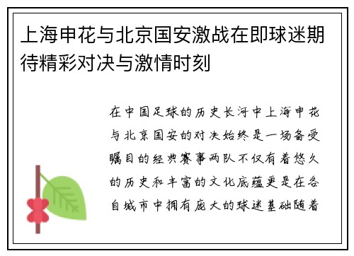 上海申花与北京国安激战在即球迷期待精彩对决与激情时刻