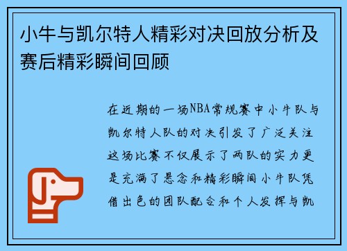 小牛与凯尔特人精彩对决回放分析及赛后精彩瞬间回顾