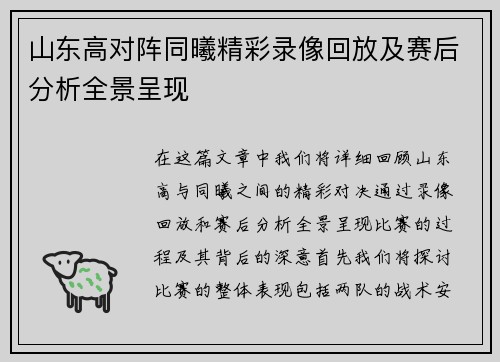 山东高对阵同曦精彩录像回放及赛后分析全景呈现