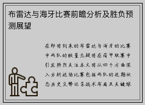 布雷达与海牙比赛前瞻分析及胜负预测展望